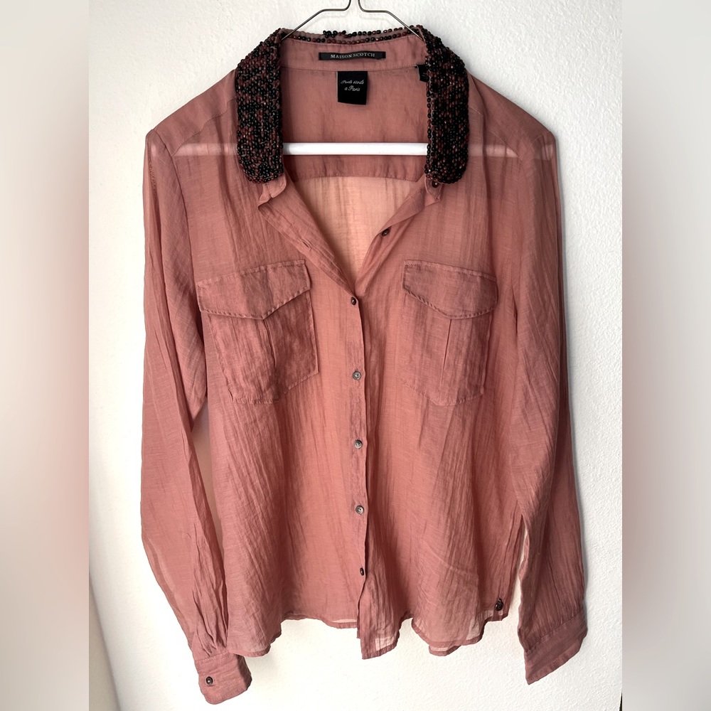 Scotch & Soda Blush-Colored Long Sleeve Button Down with Beaded Collar